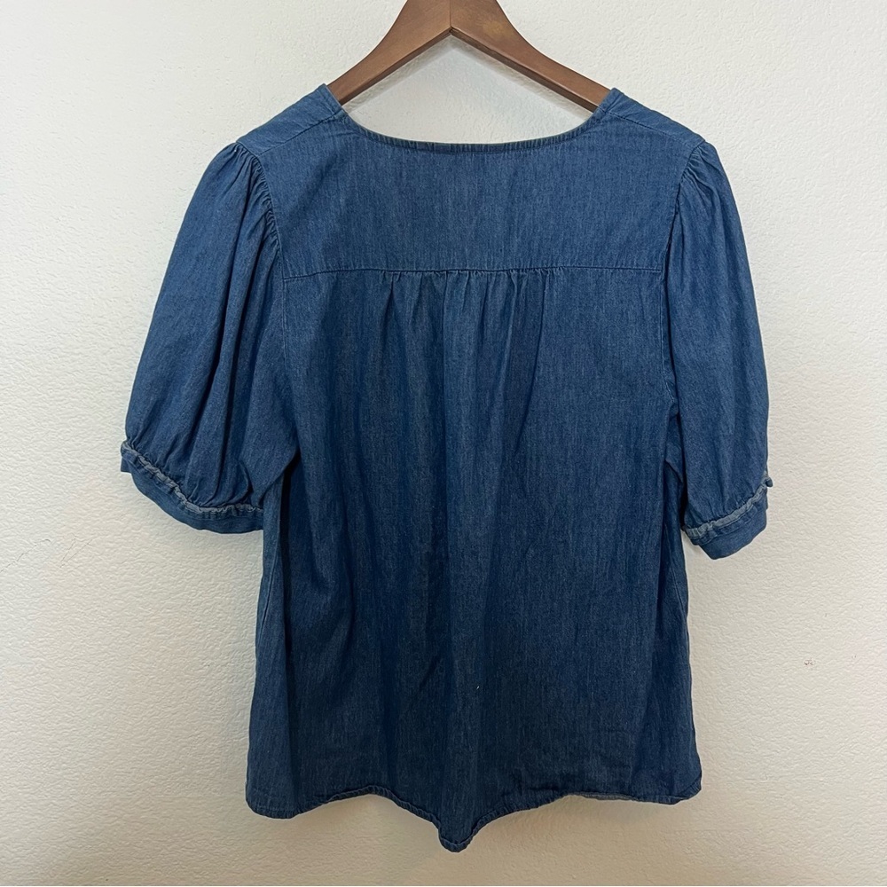 Draper James Heidi V-Neck Chambray Denim Puff Sleeve Top L - Picture 6 of 8